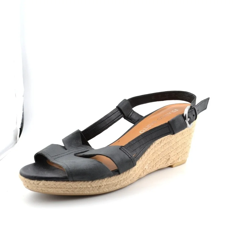 Franco Sarto Wedge Sandals Women 8 Black Espadrille Leather Women‎ Peep Toe